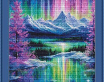 Northern Lights Cross Stitch Pattern , Aurora Borealis Mountain