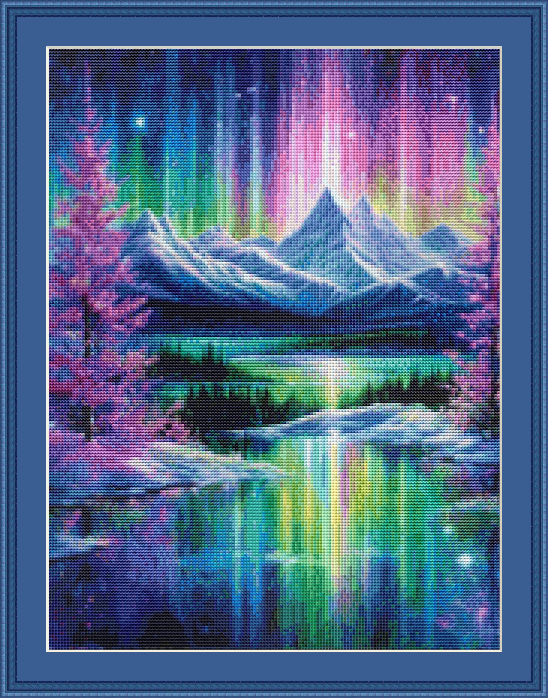 Northern Lights Cross Stitch Pattern , Aurora Borealis Mountain