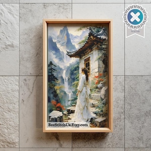 May include: A framed cross-stitch pattern depicting a person in a white dress standing on stone steps near a building with a tiled roof. The scene features a waterfall, tall mountains, and green trees. The text BeeStitchUa.Etsy.com is at the bottom.