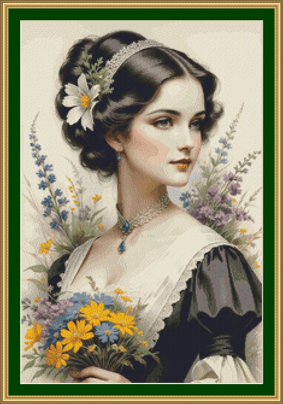 ヴィンテージ女性のクロスステッチ図案 ヴィンテージレディのクロスステッチパターンPDF、クラシックポート