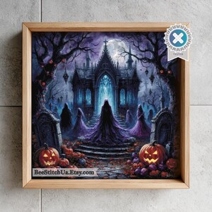 Korsstygn Gotiskt Halloween Slott Månsken Pumpa Hus Spökskog Digitalt Mönster