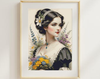 Elegant Victorian Lady Cross Stitch Pattern, Vintage Woman Portrait PDF, Floral Counted Embroidery Chart, Instant Download Needlework Design