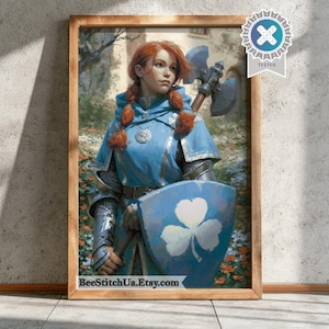Korsstygn Rödhårig Krigarekvinna Fantasy Sköld Och Yxa Äventyr Broderimönster För RPG Dekor