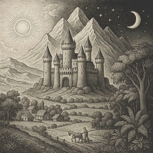 May include: A detailed black and white illustration of a medieval castle nestled between mountains. The scene depicts a daytime and nighttime split, with a sun and moon visible. A farmer plows a field in the foreground.