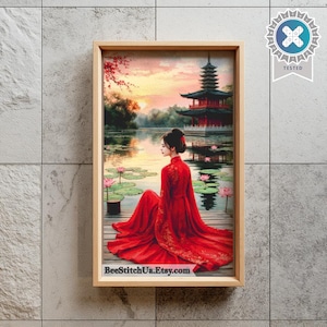 cross stitch Japanese Geisha Pagoda Sunset Lotus Pond Asian Landscape Modern Xstitch Home Decor Printable Pattern