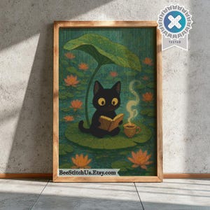 Kreuzstich schwarze Katze Lese Vorlage gemütliche Fantasy Lily Pad Szene süße Katze Stickvorlage PDF Cottagecore Kunst