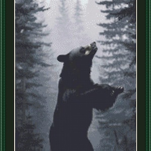 May include: A black bear stands tall in a misty forest, its head tilted upwards, looking towards the sky. The bear is silhouetted against the light fog, creating a dramatic image.