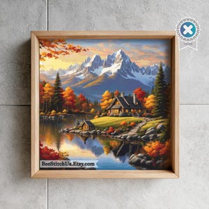 Patrón de punto de cruz de cabaña de montaña otoñal, picos nevados, reflejo del lago, cabaña acogedora, bosque otoñal, paisaje natural (PDF)