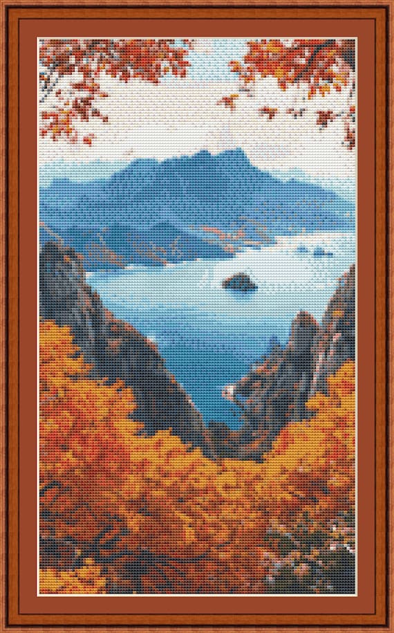 Autumn Landscape Cross Stitch Pattern , Mountain Lake View