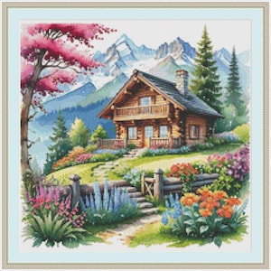 May include: A charming wooden cabin nestled in a lush green valley, surrounded by vibrant flowers and towering snow-capped mountains in the background.