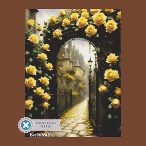 Camino de arco de rosas doradas • Bordado de puerta de jardín vintage en PDF • Gráfico detallado de punto de cruz con paisaje floral, guía de patrones