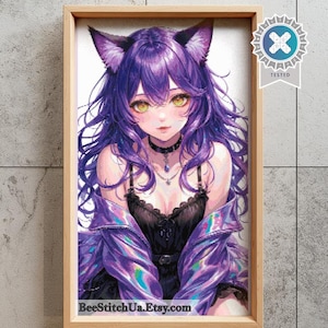 Könnte beinhalten: Ein gerahmtes Kreuzstichmuster mit einer Anime-Figur mit langem violettem Haar, Katzenohren und gelben Augen. Die Figur trägt ein schwarzes Spitzenoberteil, ein Halsband mit blauem Anhänger und eine glänzende, irisierende violette Jacke. Text: BeeStitchUa.Etsy.com.