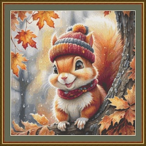 May include: A cute cartoon squirrel wearing a red knit hat and scarf sits on a tree branch with autumn leaves. The squirrel has a happy expression and is looking at the viewer.