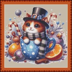 May include: A cross-stitch design featuring a cute orange and white cat wearing a top hat and scarf, nestled in a blue polka-dot teacup. The image includes candy canes, ornaments, and orange slices, creating a festive holiday theme.
