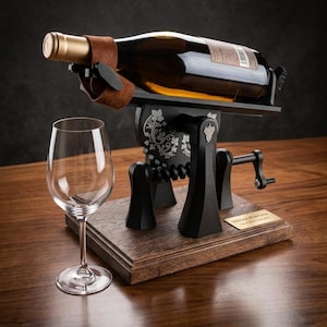 Puede incluir: Un soporte mecánico para decantar botellas de vino con marco negro, grabados de vides, correa de cuero marrón y manivela. El dispositivo se asienta sobre una base rectangular de madera con una pequeña placa dorada que dice VINUM PERFUM.