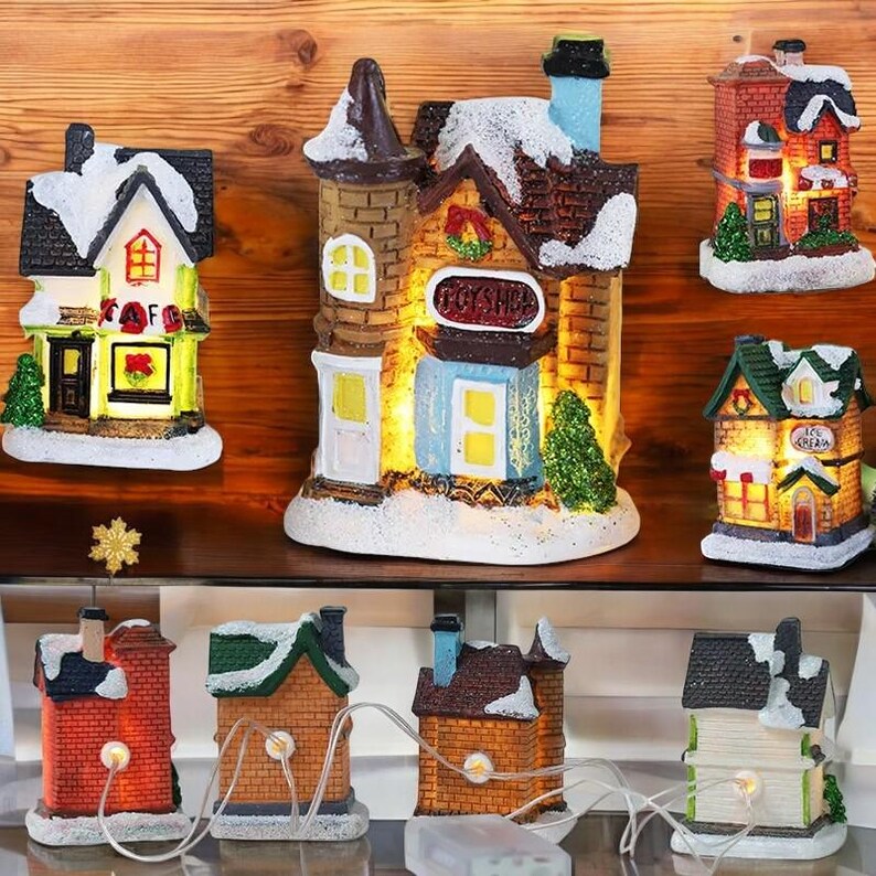 LED Christmas Village Ornaments Set Figurines Decoration Santa Claus