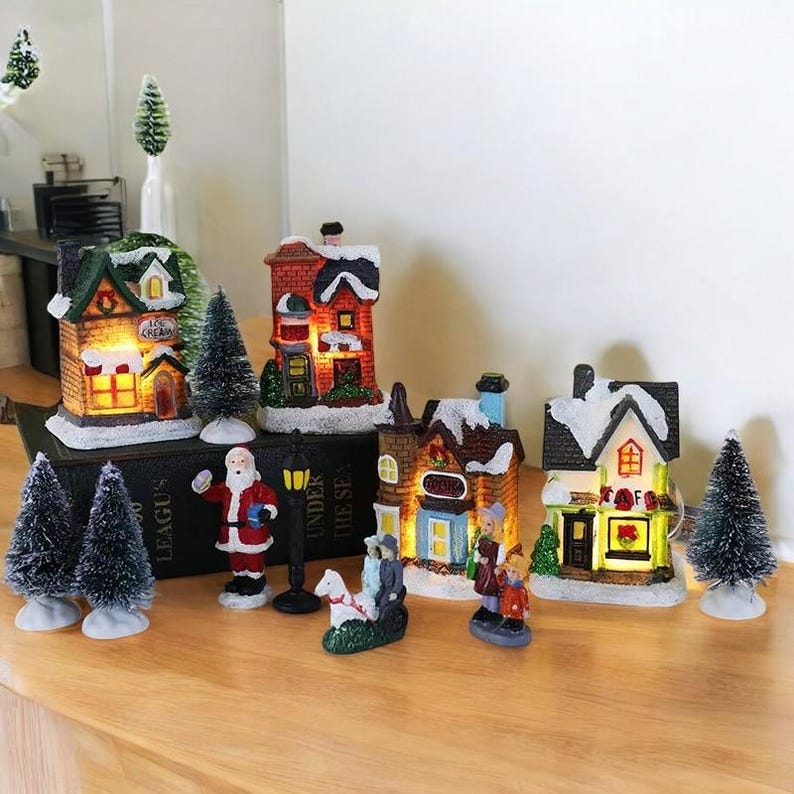 LED Christmas Village Ornaments Set Figurines Decoration Santa Claus