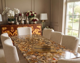 Gemstone Golden Agate Dining Table Top | Natural Geode Crystal Top | (Customizable)
