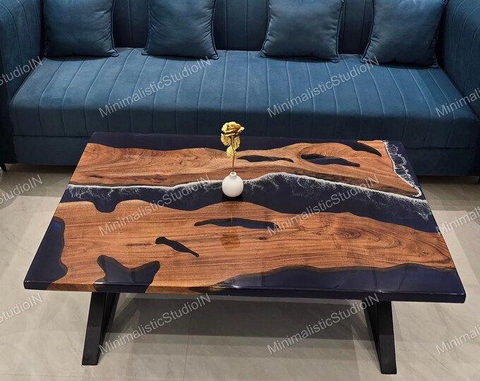 Acacia Wood River Table Top | Handmade Blue Resin Coffee Table