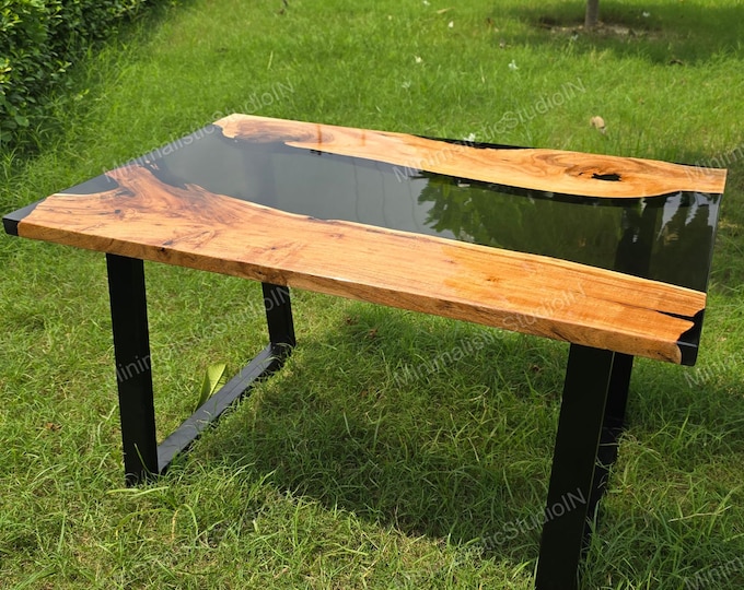 Handmade Acacia Wood River Table Top | Black Resin, Live Edge