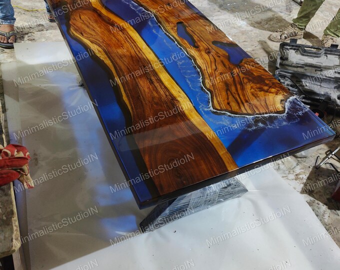 Handmade Acacia Wood Epoxy Table Top | Ocean Wave, Live Edge