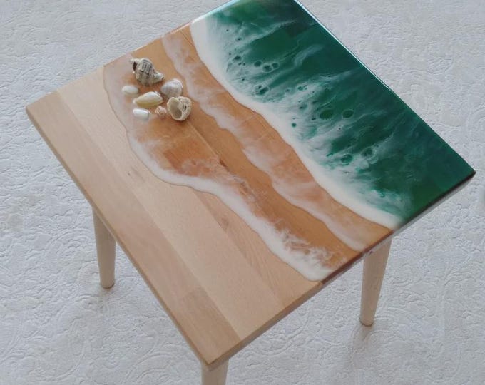 Square Green Epoxy Acacia Wood Table Top | Handmade Ocean Resin Coffee Dining Table | (Customisable)