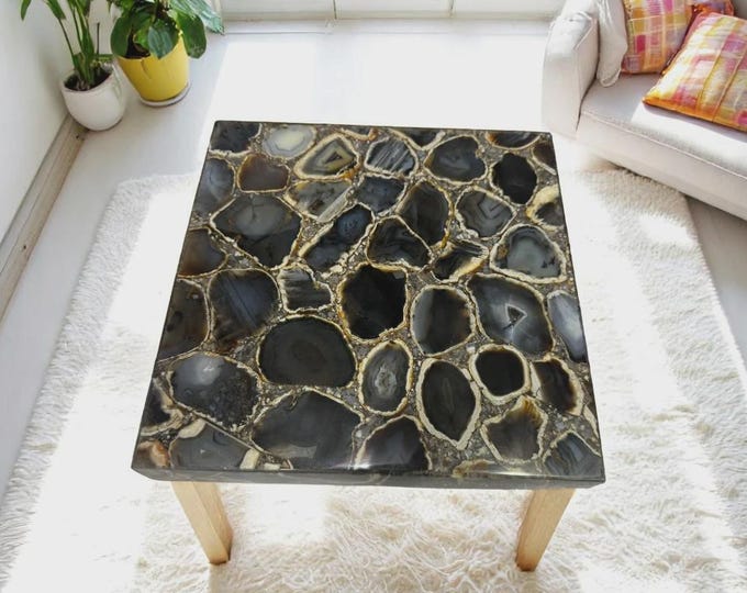 Black Agate Table Top | Handmade Gemstone Coffee, Dining, or Side Table