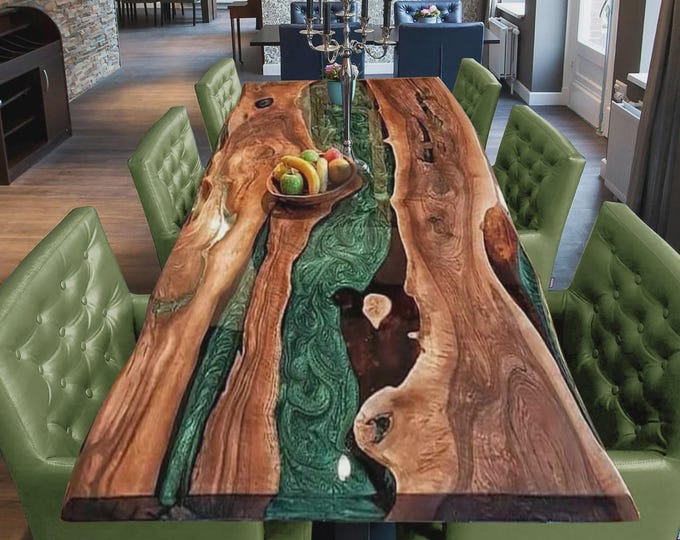 Live Edge Acacia Wood Table Top | Green River Epoxy Resin (Customizable)