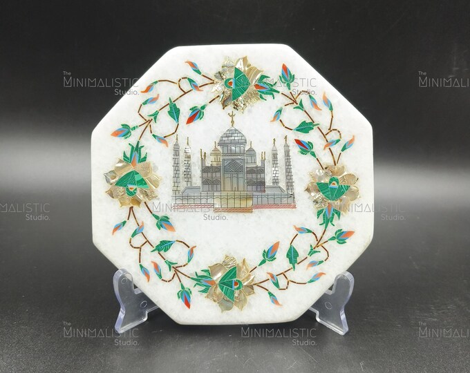 Taj Mahal Marble Inlay Plate | Octagonal White Marble Home Decor | Handmade Indian Craft