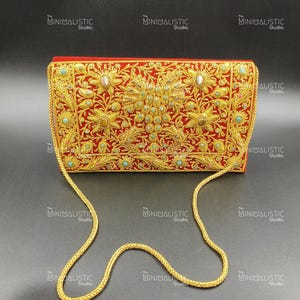 Red Zardozi Gemstone Clutch 10&quot;x6&quot; | Gold Floral Embroidery | Real Stone Evening Purse | Velvet Gift Box | Custom Bridal Bag