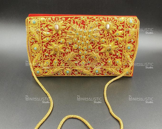 Red Velvet Zardozi Clutch | Gemstone Floral Evening Bag