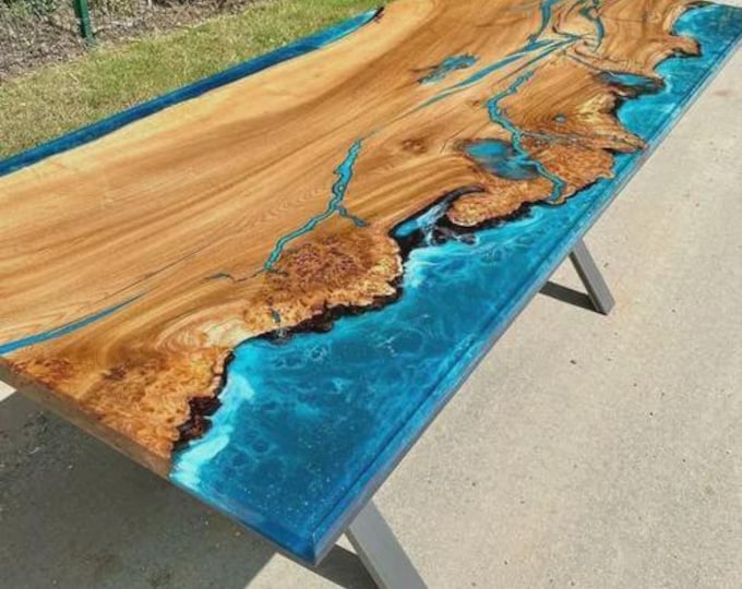 Acacia Wood Ocean Epoxy Table Top | Live Edge Dining, Coffee