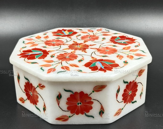 Handmade Marble Inlay Box – Agra Pietra Dura, Floral Keepsake