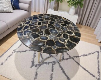 Black Agate Round Coffee Table Top | Natural Gemstone Geode Accent Top | (Customizable)