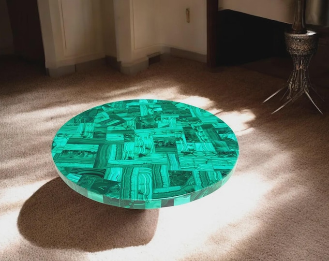 Round Malachite Table Top | Modern Patchwork Green Gemstone | Coffee Dining Table | (Customisable)