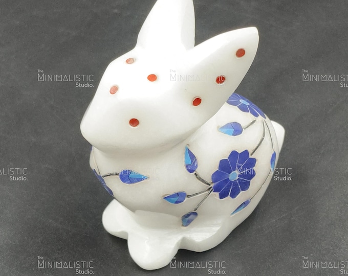 Handmade Makrana Marble Rabbit Figurine | Gemstone Floral Inlay