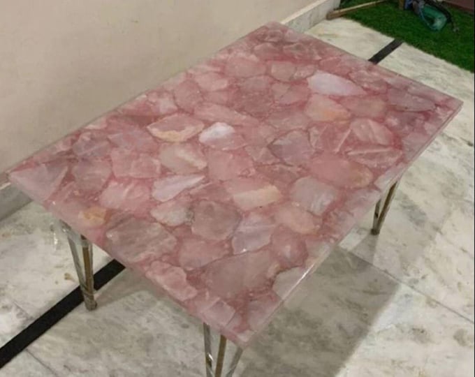 Handmade Rose Quartz Table Top | Rectangular Gemstone Centerpiece (Customizable)