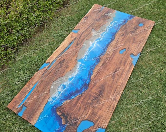 Handmade Acacia Wood Blue Epoxy River Table Top | Live Edge