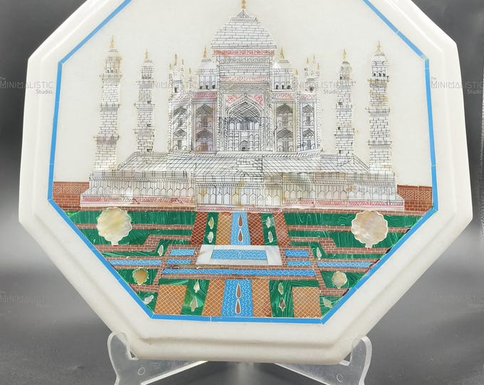 Taj Mahal Inlay Art | 12-Inch Octagon Marble Plate with Stand