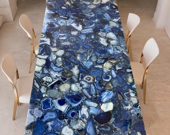 Rectangular Blue Agate Table Top | Luxury Gemstone Dining Coffee Table | (Customisable)