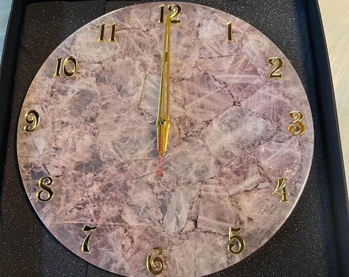Rose Quartz Round Wall Clock | Gold Number Crystal Timepiece | Handmade Pink Gemstone Home Decor