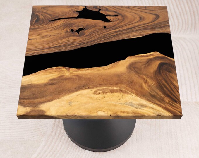 Square Acacia Wood Table Top | Black Epoxy River, Customizable