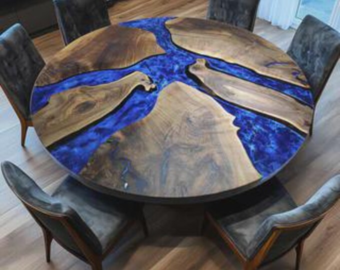 Round Blue Ocean Epoxy Acacia Table Top | Live Edge, Customizable