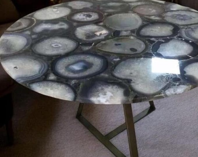 Handcrafted Round Grey Agate Table Top | Modern Gemstone Coffee Table