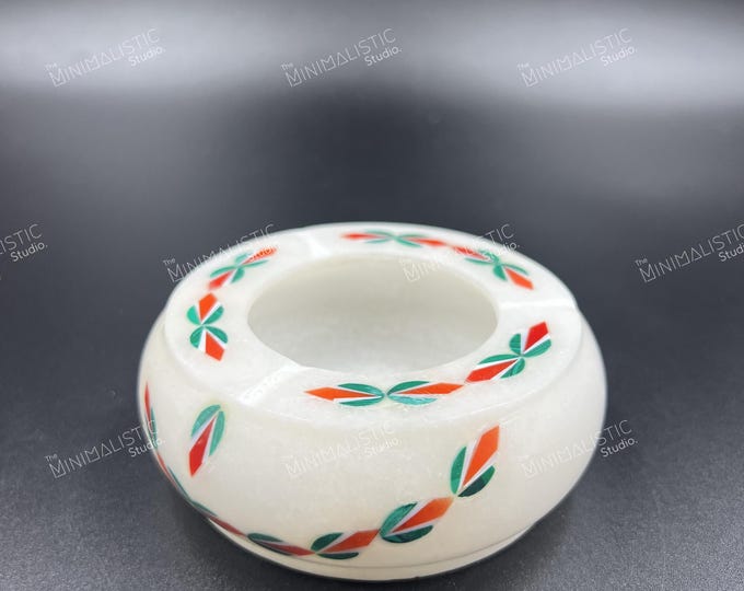 Handmade Makrana Marble Ashtray | Stone Inlay Floral Design