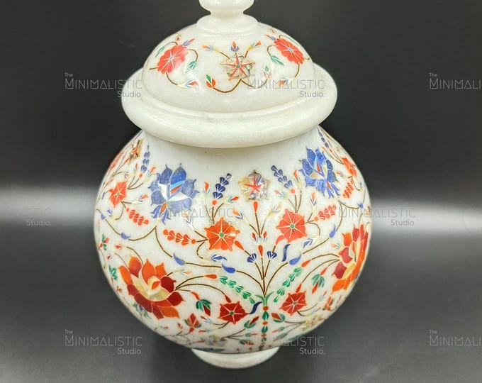 Handcrafted White Marble Jar with Lid | Pietra Dura Floral Inlay