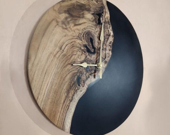 Handmade Acacia Wood & Black Epoxy Wall Clock | Modern Resin Art Decor