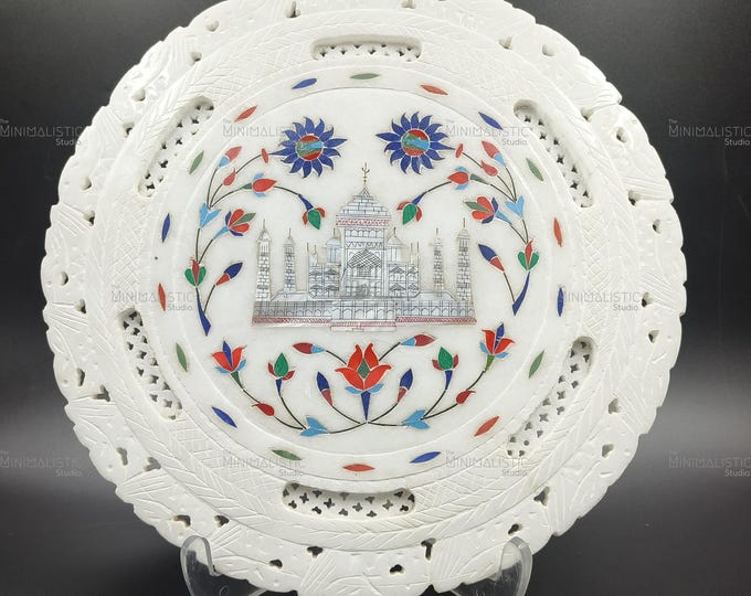 Handmade Marble Inlay Plate – Floral Pietra Dura Wall Art, 12 Inch