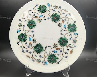 Floral Inlay Marble Plate – Handmade Pietra Dura Art, 13 Inch