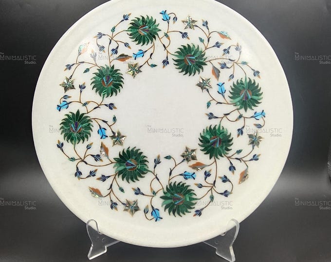Floral Inlay Marble Plate – Handmade Pietra Dura Art, 13 Inch